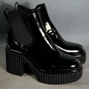 Gianni Bini Ankle Boots Black Vegan Patent Round Toe Platform Block Heel Sz 9.5
